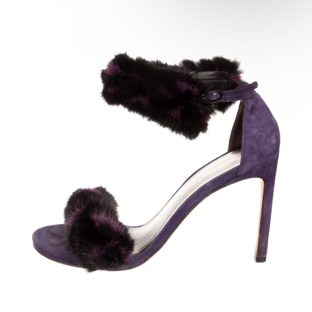 Stuart Weitzman Purple Faux-Fur Ankle Strap High Heel Sandals